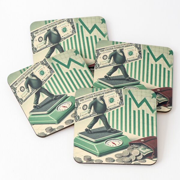 Item preview, Satirical image of a dollar bill stepping onto a scale as its value decreases, with coins spilling from a wallet designed and sold by Bored Elon.