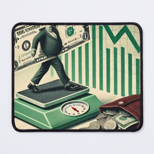 Item preview, Satirical image of a dollar bill stepping onto a scale as its value decreases, with coins spilling from a wallet designed and sold by Bored Elon.