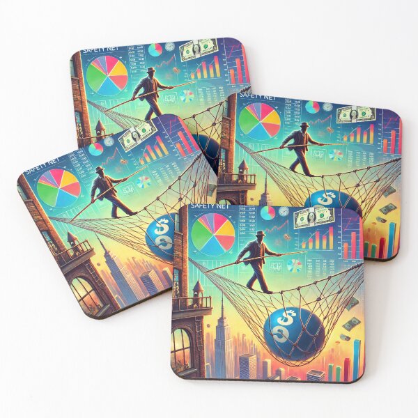 Item preview, Tightrope walker balancing over a city with a safety net of financial graphs, symbols, and dollar signs below designed and sold by Bored Elon.