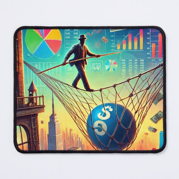 Item preview, Tightrope walker balancing over a city with a safety net of financial graphs, symbols, and dollar signs below designed and sold by Bored Elon.