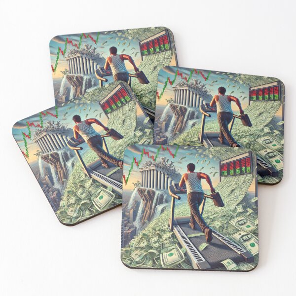 Item preview, Tired man running on a treadmill of dollar bills, chasing financial success as stock markets and money flow designed and sold by Bored Elon.