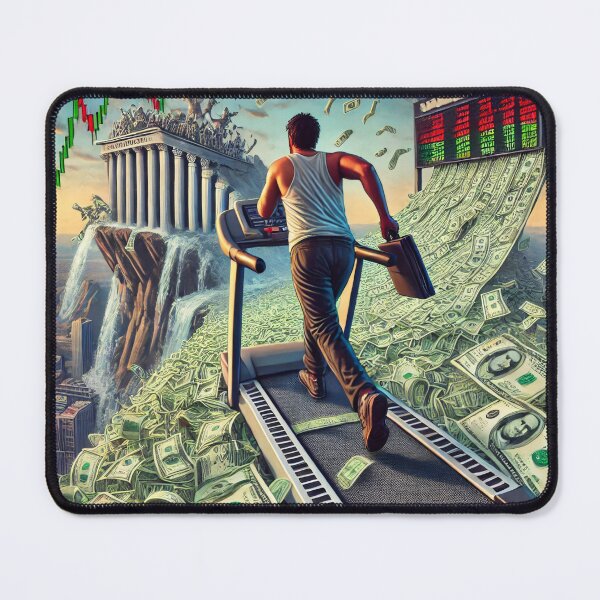 Item preview, Tired man running on a treadmill of dollar bills, chasing financial success as stock markets and money flow designed and sold by Bored Elon.