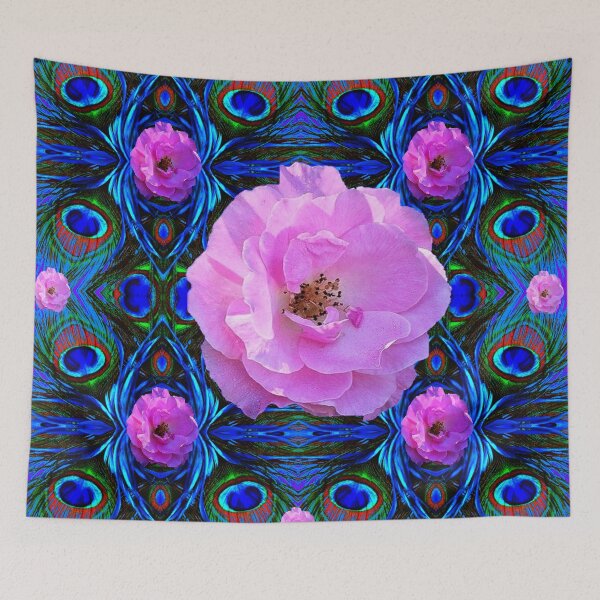 Item preview, PINK WILD ROSES ON BLUE GEOMETRIC ART designed and sold by sharlesart.