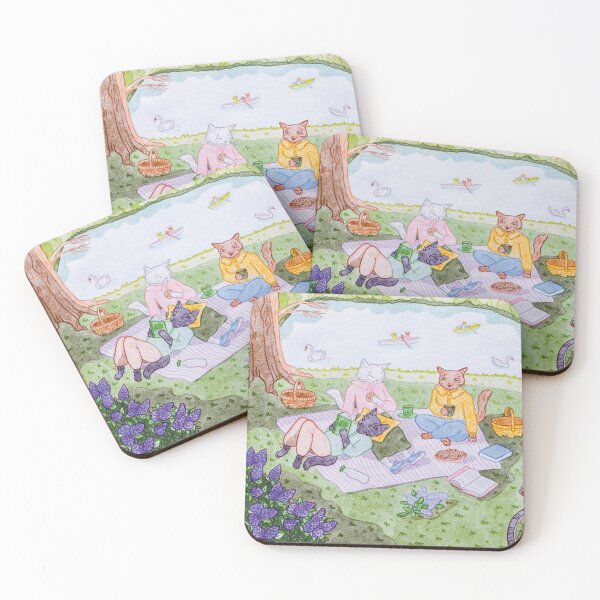 Item preview, Cats Having a Picnic, Eating and Reading next to a Lake in Summer watercolour and pencil illustration designed and sold by Alika's  Garden.