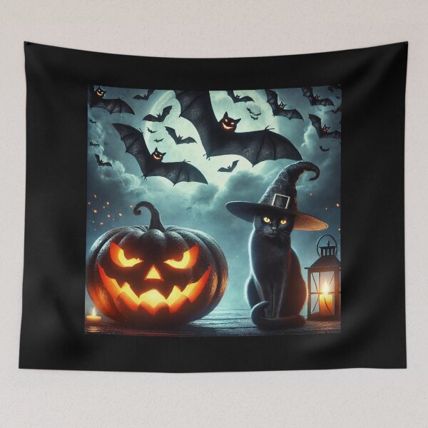 Item preview, A spooky Halloween scene featuring a group of flying bats with eerie, glowing eyes in a night sky. Below, a grinning pumpkin with a sinister carved fa designed and sold by lifestylegate.