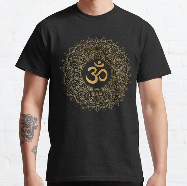 Golden Aum Om Ohm symbol in decorative round mandala ornament. Classic T-Shirt