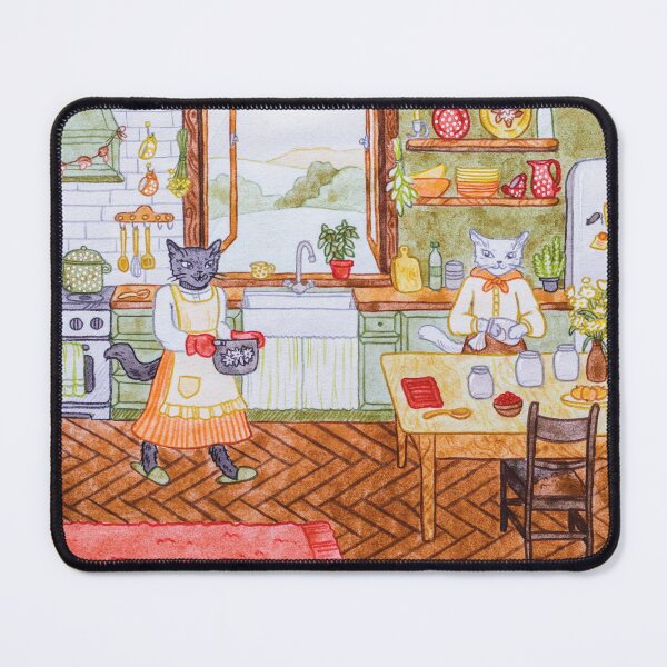 Item preview, Cats Making Jam and Preserving Fruits and Veggies in a Cottage in Summer watercolour and pencil illustration designed and sold by Alika's  Garden.