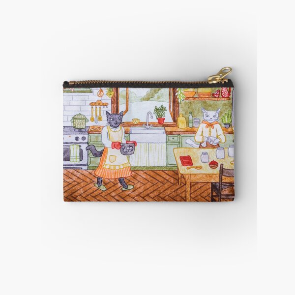 Item preview, Cats Making Jam and Preserving Fruits and Veggies in a Cottage in Summer watercolour and pencil illustration designed and sold by Alika's  Garden.