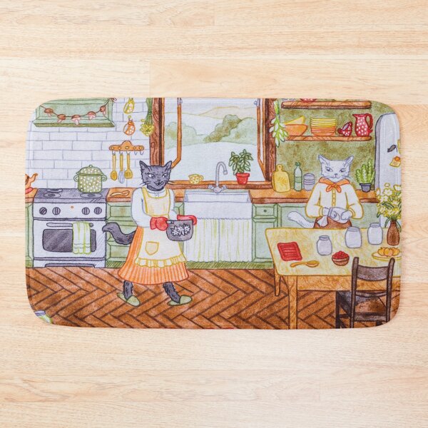 Item preview, Cats Making Jam and Preserving Fruits and Veggies in a Cottage in Summer watercolour and pencil illustration designed and sold by Alika's  Garden.