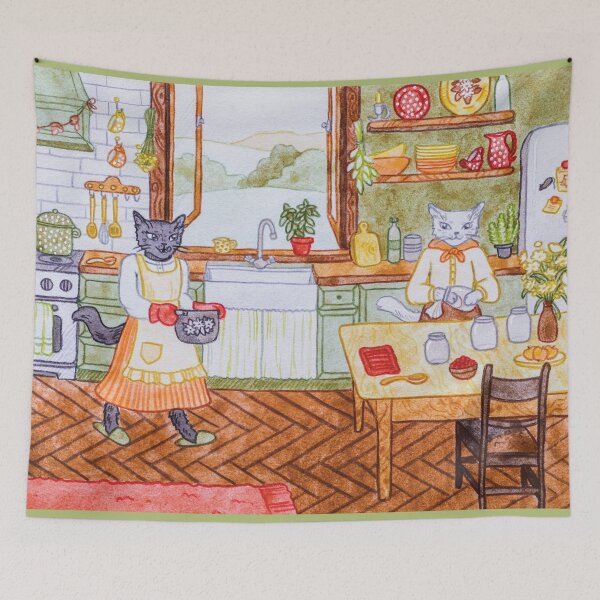Item preview, Cats Making Jam and Preserving Fruits and Veggies in a Cottage in Summer watercolour and pencil illustration designed and sold by Alika's  Garden.
