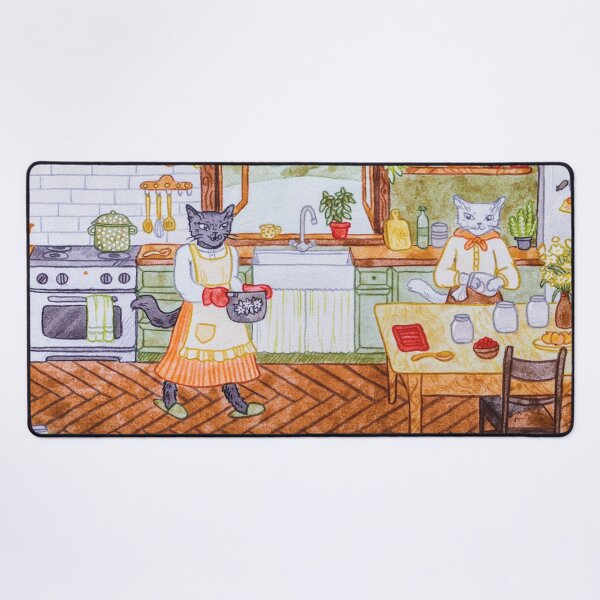 Item preview, Cats Making Jam and Preserving Fruits and Veggies in a Cottage in Summer watercolour and pencil illustration designed and sold by Alika's  Garden.