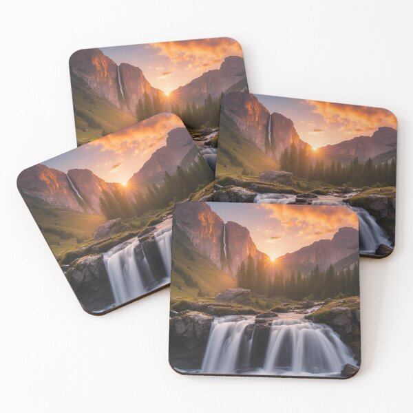 Item preview, Mountain waterfall at sunset print.  designed and sold by NicMacTees.