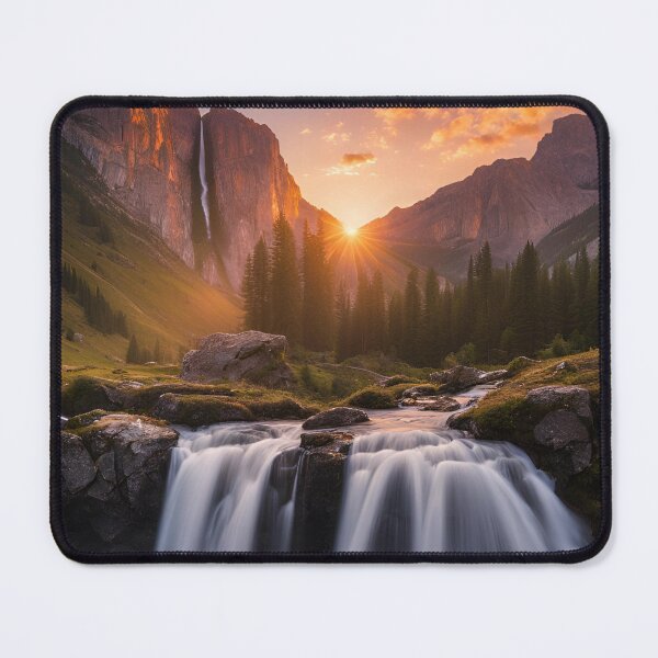 Item preview, Mountain waterfall at sunset print. designed and sold by NicMacTees.