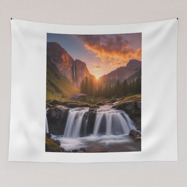 Item preview, Mountain waterfall at sunset print.  designed and sold by NicMacTees.
