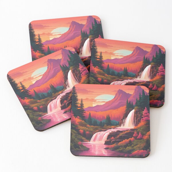 Item preview, Retro mountains sunset with waterfall designed and sold by NicMacTees.