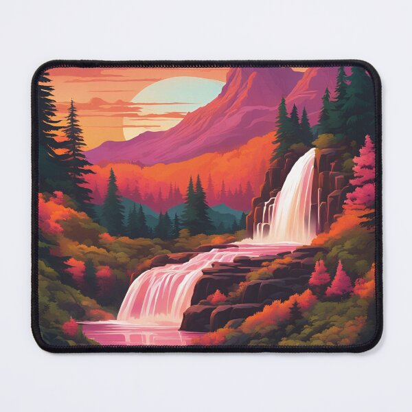 Item preview, Retro mountains sunset with waterfall designed and sold by NicMacTees.