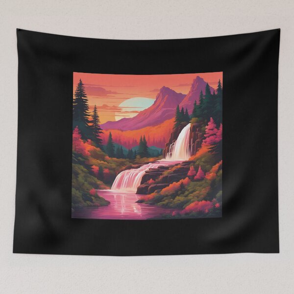 Item preview, Retro mountains sunset with waterfall designed and sold by NicMacTees.