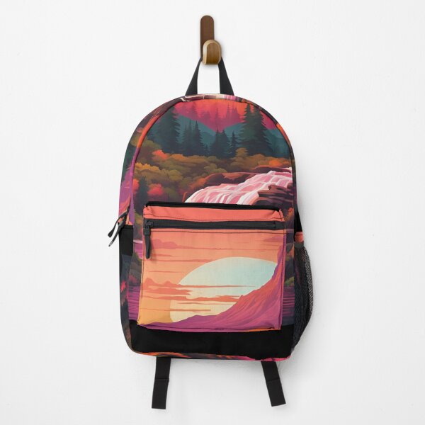 Item preview, Retro mountains sunset with waterfall designed and sold by NicMacTees.