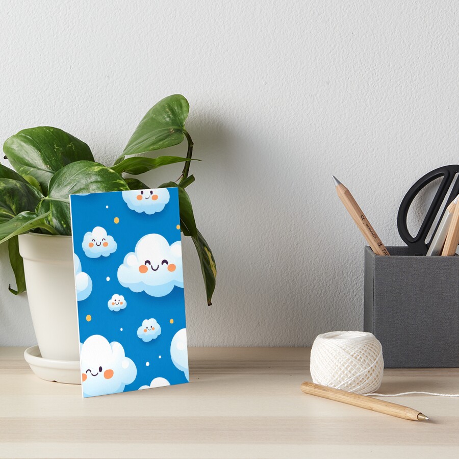 Cute Fluffy Cloud Party in Blue Sky - Art Board Print