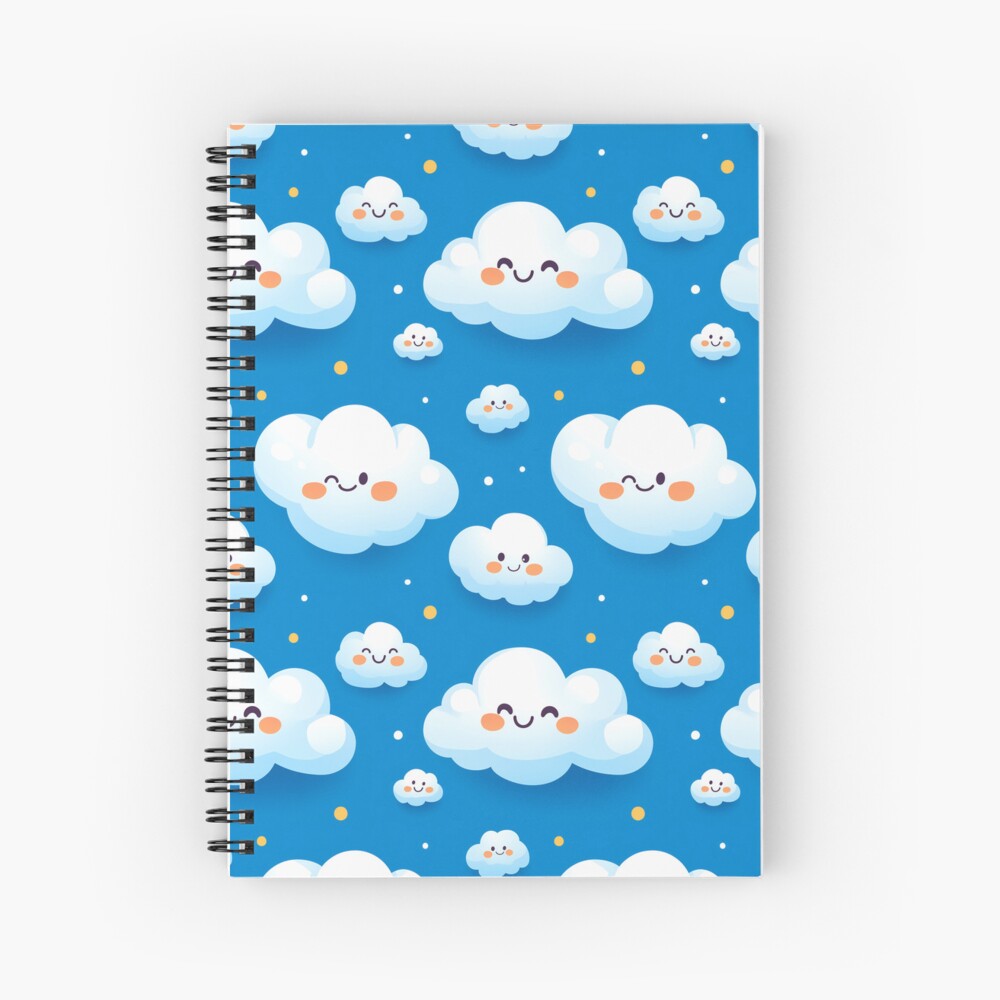 Cute Fluffy Cloud Party in Blue Sky Spiral Notebook