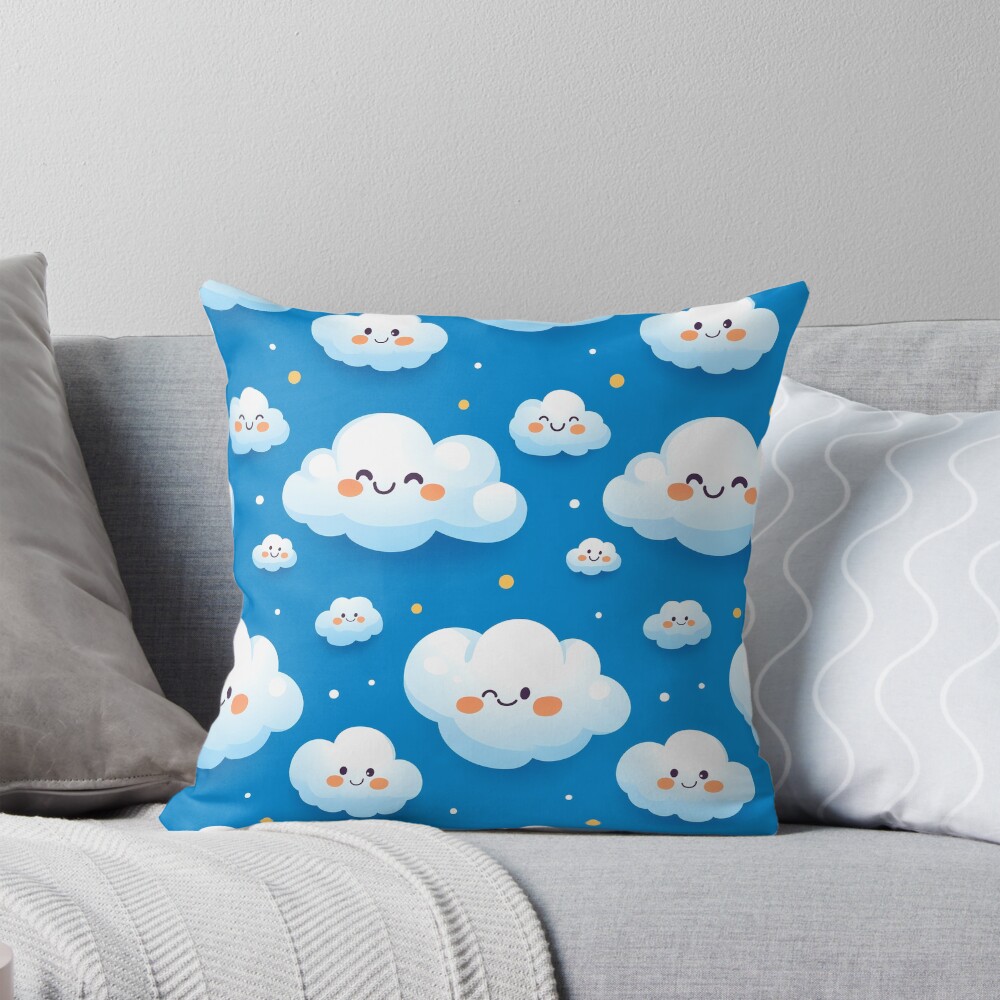 Cute Fluffy Cloud Party in Blue Sky Throw Pillow