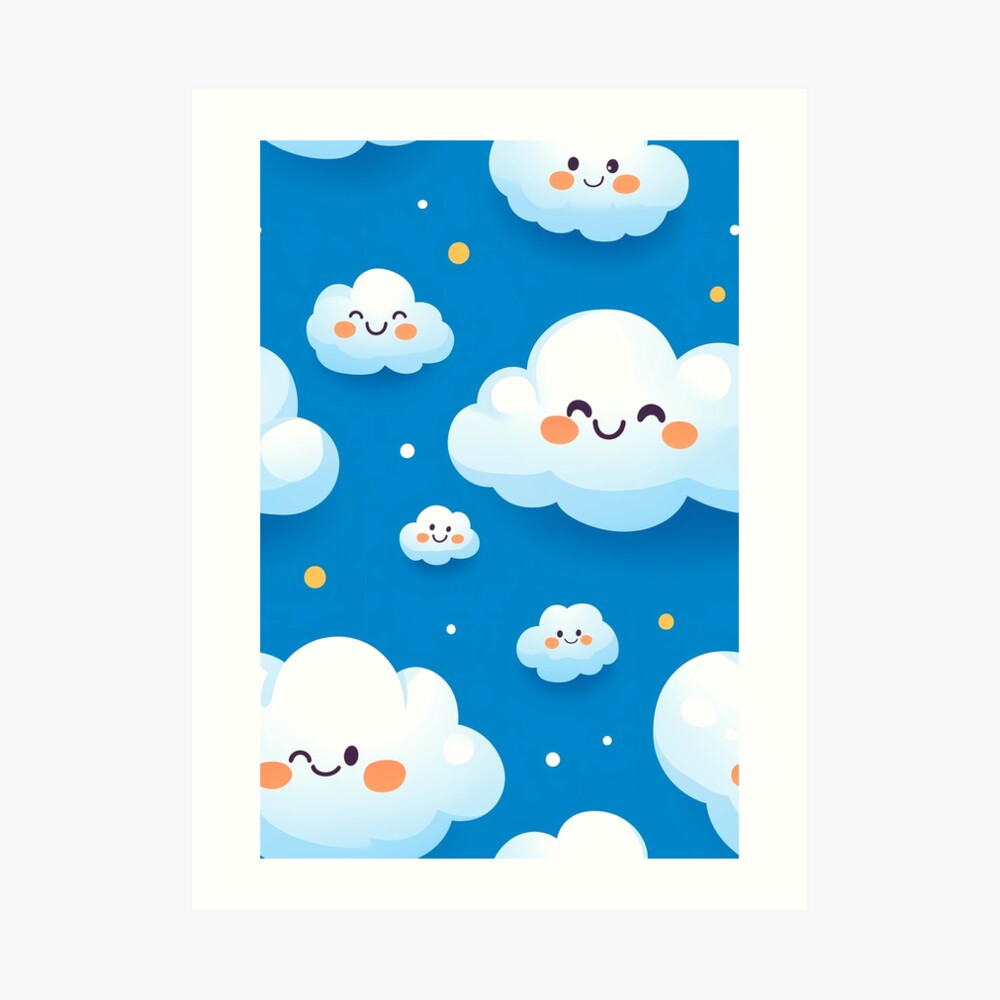 Art Print Cute Fluffy Cloud Party in Blue Sky Art Print