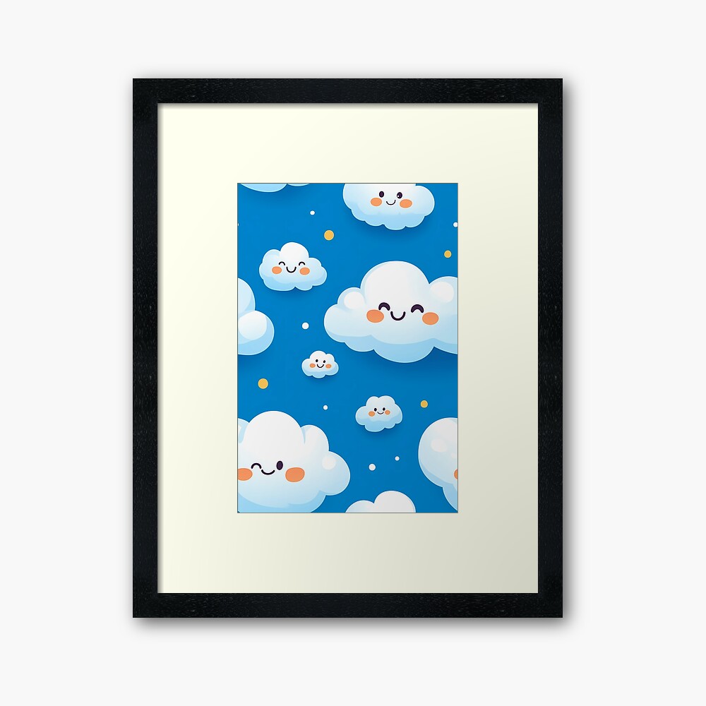 Framed Art Print: Cute Fluffy Cloud Party in Blue Sky