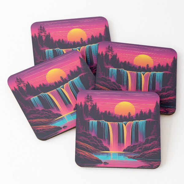 Item preview, Retro neon waterfall at sunset in the forest designed and sold by NicMacTees.