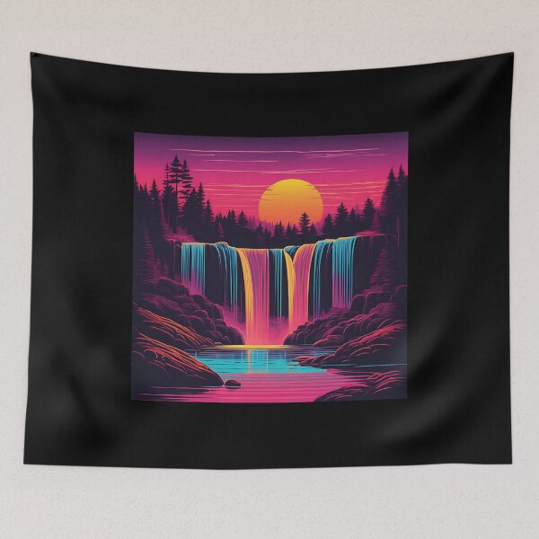 Item preview, Retro neon waterfall at sunset in the forest designed and sold by NicMacTees.