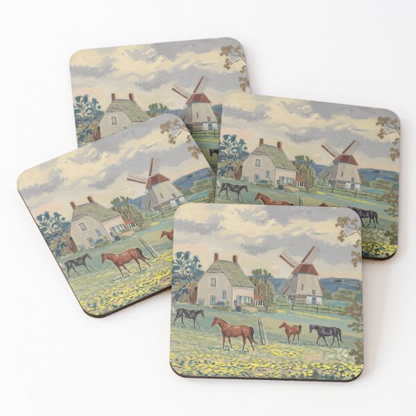 Item preview, French Windmill and Grazing Horses – Scenic Rural Landscape designed and sold by CARRAANN.