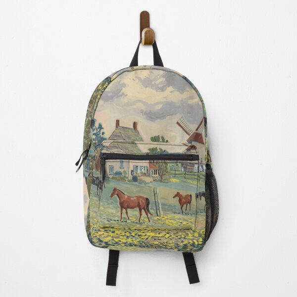 Item preview, French Windmill and Grazing Horses – Scenic Rural Landscape designed and sold by CARRAANN.