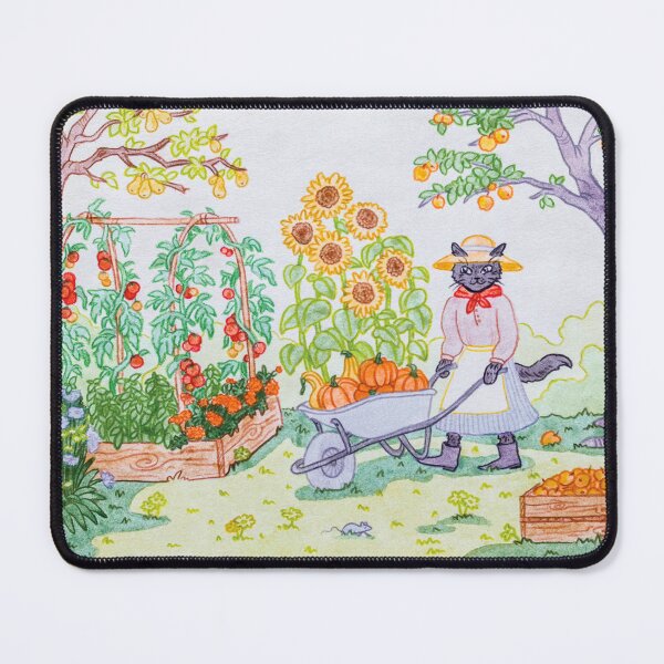 Item preview, Cat Gathering Pumpkins and Gardening a Fruitful Veggie Garden in Summer watercolour and pencil illustration designed and sold by Alika's  Garden.