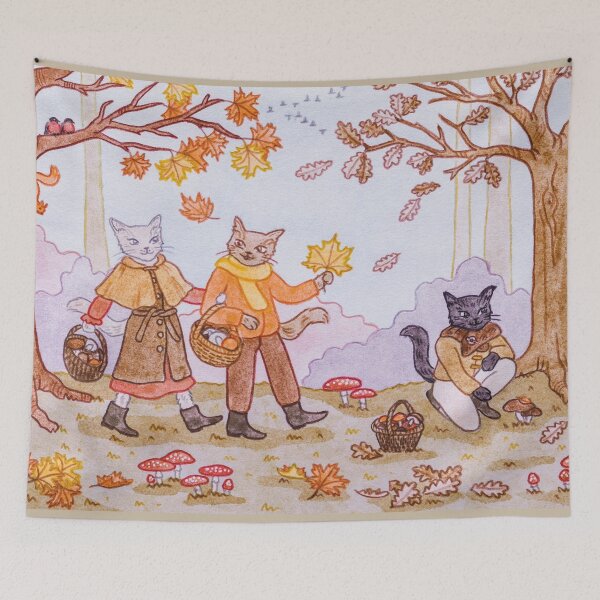 Item preview, Cats Walking through an Autumn Forest and Picking Mushrooms watercolour and pencil illustration designed and sold by Alika's  Garden.