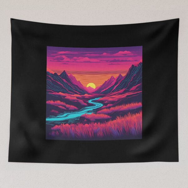 Item preview, Retro Neon Mountain stream at sunset designed and sold by NicMacTees.