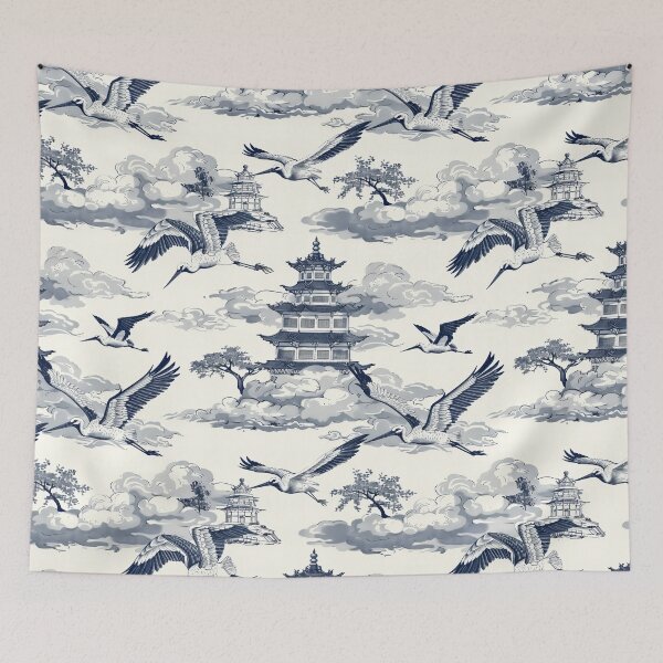 Item preview, Vintage Flying Storks Chinese Castle Clouds designed and sold by Magnuna.