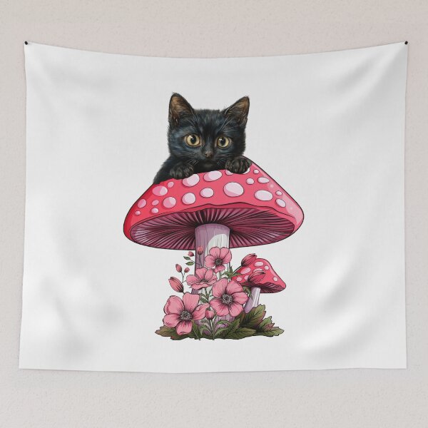 Item preview, Black Cat Pink Mushroom designed and sold by HappyLifeCreate.