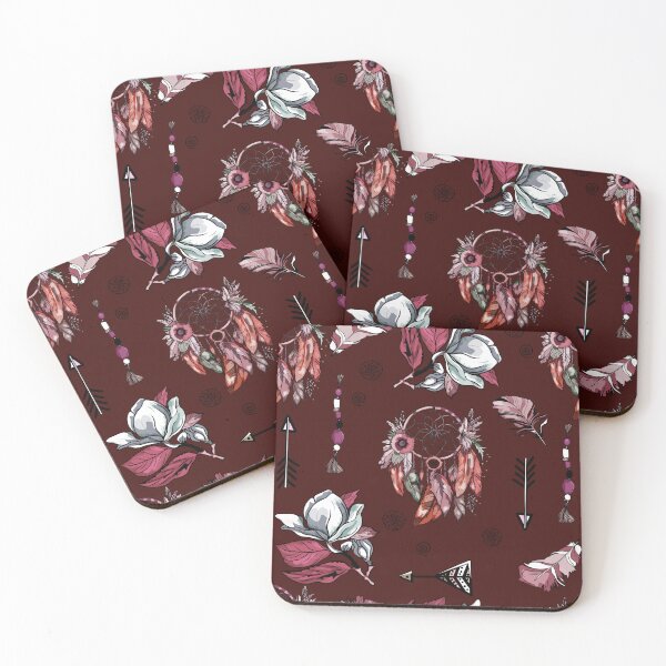Item preview, Boho Dreamcatchers and Floral Elegance Pattern: A rich burgundy background featuring dreamcatchers, feathers, arrows designed and sold by Anastasiia Yurevych.