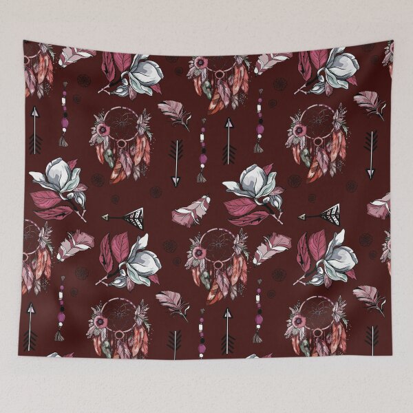 Item preview, Boho Dreamcatchers and Floral Elegance Pattern: A rich burgundy background featuring dreamcatchers, feathers, arrows designed and sold by Anastasiia Yurevych.