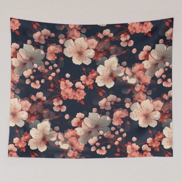 Item preview, Japanese Kimono Pattern, red navy blue and pink Cherry Blossom Sakura  Fabric designed and sold by patterncrow.