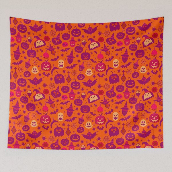 Item preview, Bats, ghosts and pumpkins orange background halloween pattern designed and sold by PatternBestFan.