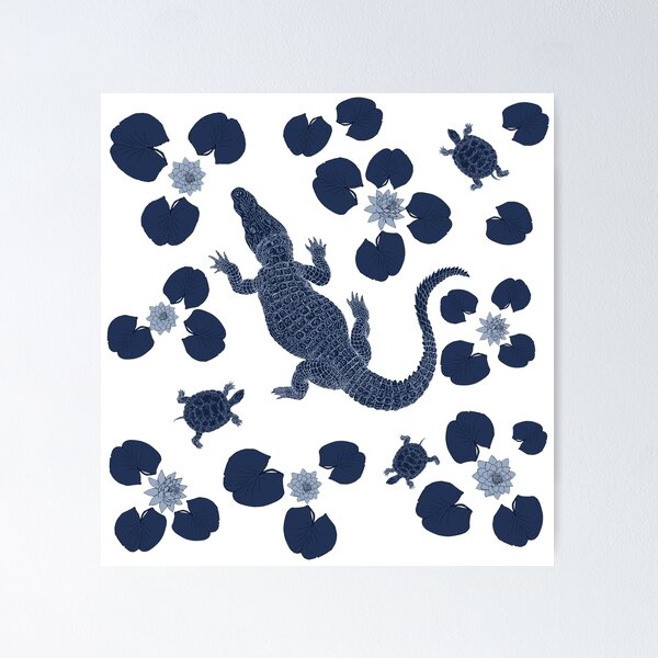 Alligators and Turtles in Blue Poster