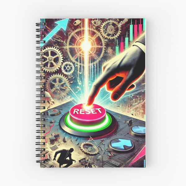Item preview, A satirical and surreal image depicting a stock market reset button being pressed by a faceless figure in a suit, with broken stock charts and crash designed and sold by Bored Elon.