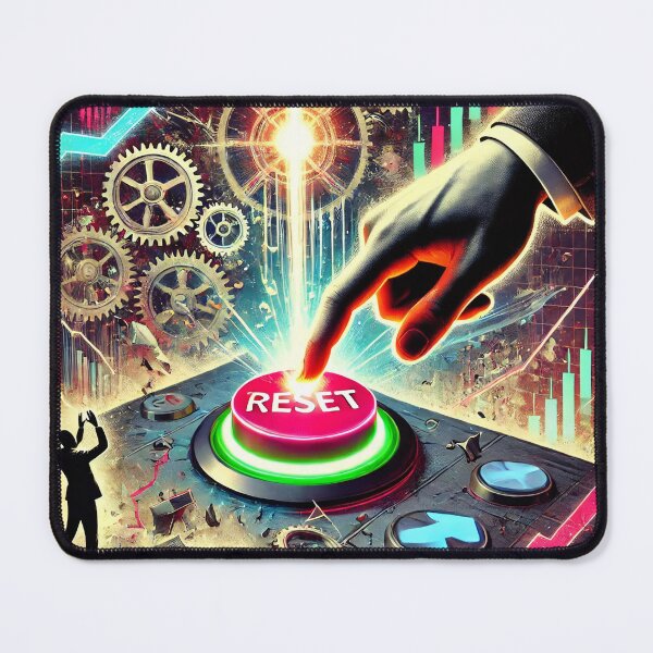 Item preview, A satirical and surreal image depicting a stock market reset button being pressed by a faceless figure in a suit, with broken stock charts and crash designed and sold by Bored Elon.