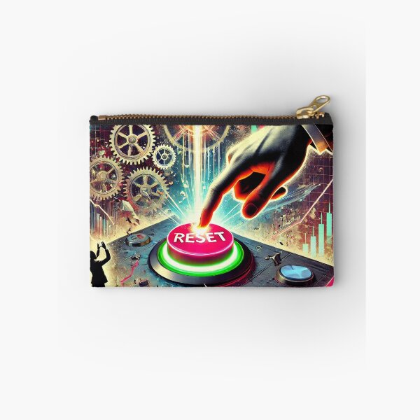 Item preview, A satirical and surreal image depicting a stock market reset button being pressed by a faceless figure in a suit, with broken stock charts and crash designed and sold by Bored Elon.
