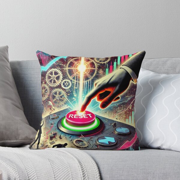 Item preview, A satirical and surreal image depicting a stock market reset button being pressed by a faceless figure in a suit, with broken stock charts and crash designed and sold by Bored Elon.