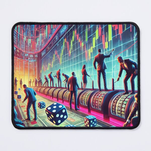 Item preview, A satirical and surreal image of a high-stakes financial casino, where wealthy figures in suits roll dice and place bets on stock market symbols designed and sold by Bored Elon.