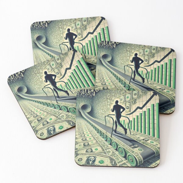 Item preview, A satirical and surreal image of a person running on a treadmill made of dollar bills, with the treadmill extending endlessly into the horizon designed and sold by Bored Elon.