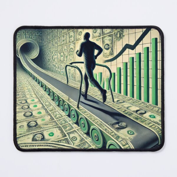 Item preview, A satirical and surreal image of a person running on a treadmill made of dollar bills, with the treadmill extending endlessly into the horizon designed and sold by Bored Elon.