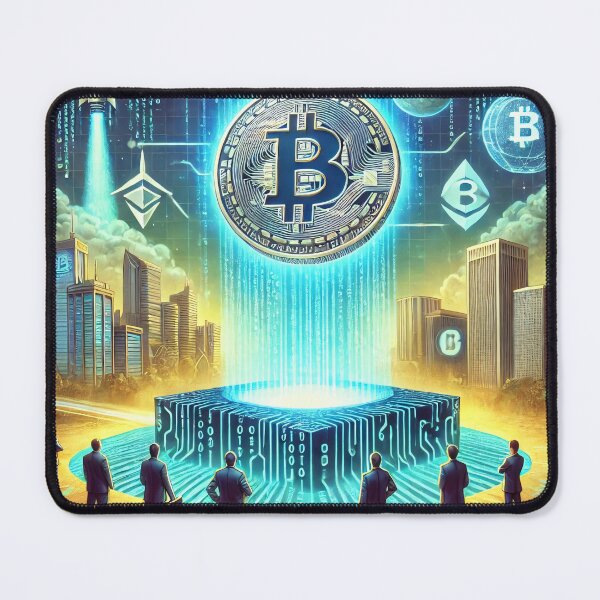 Item preview, A satirical and surreal image showing a futuristic cityscape where the world currency is represented by a glowing digital coin floating above designed and sold by Bored Elon.