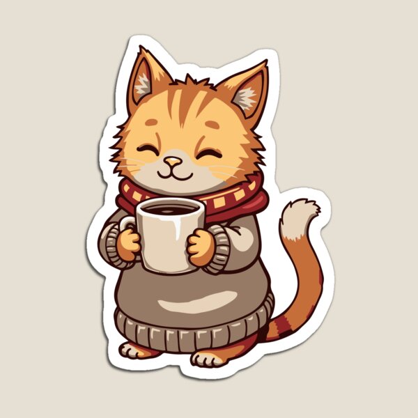 Aperçu de l'œuvre Chat météo en pull buvant du café créée et vendue par OlvadDesigns.